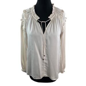 SUNDANCE Beige Blouse Ruffled Tie Split Neck Long Sleeve Pullover Size Medium M